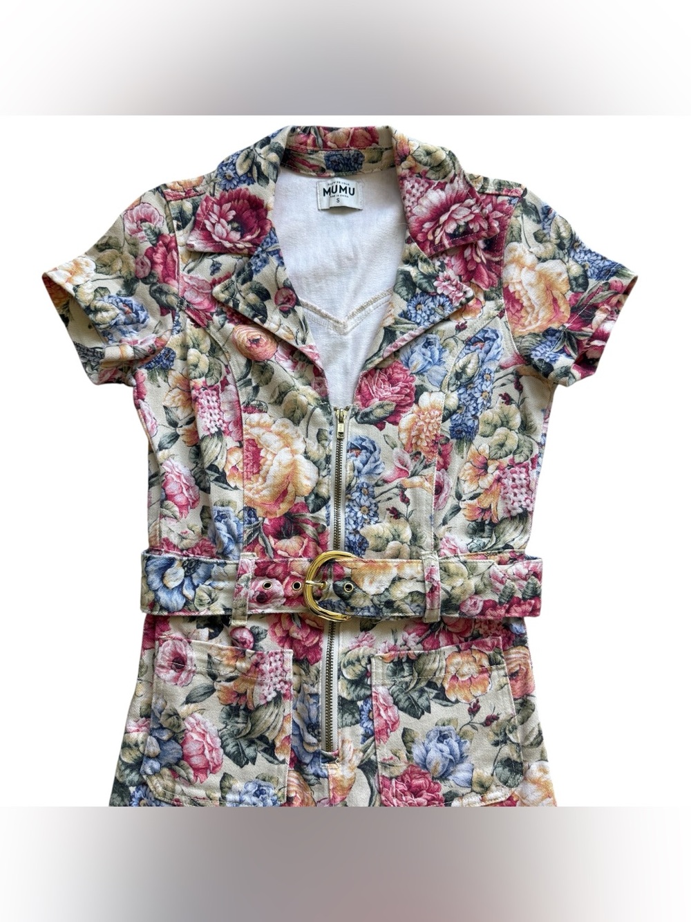 Show Me Your Mumu Jacksonville Floral Denim Belted Jumpsuit S Boho Dusty Meadows - Picture 4 of 15
